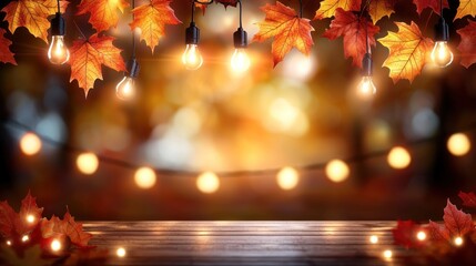 Autumn leaves, string lights, wooden table, fall ambiance, outdoor setting