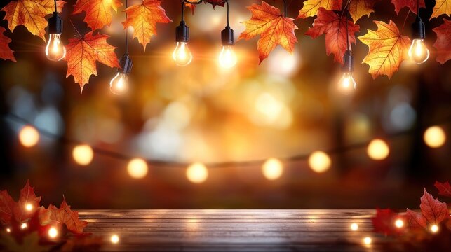 Autumn leaves, string lights, wooden table, fall ambiance, outdoor setting