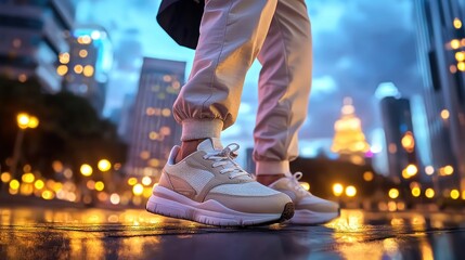 Fototapeta premium Cityscape stroll; person walking in urban twilight; wet pavement; illuminated buildings