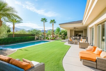 Luxury backyard oasis with a pool, patio furniture, and mountain views.  Perfect for relaxation and entertaining.