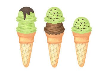 ice cream cones isolated on white. Three ice cream matcha flavor with chocolate illustration drawing cartoon