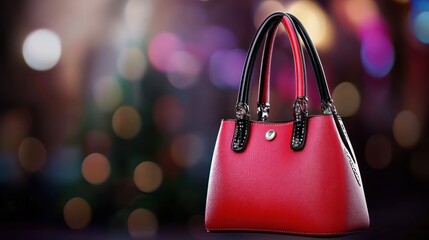 Red handbag display against blurred Christmas lights