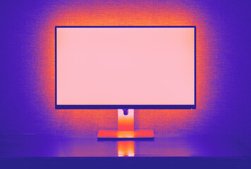 Blank monitor with backlight over gray wall in dark room in vivid neon hues 