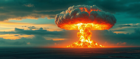 Nuclear explosion generating a mushroom cloud over water at sunset