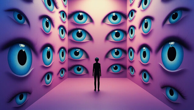 Person Standing Alone in a Room with All-Seeing Eye Walls, Symbolizing Self-Consciousness, Emotional Vulnerability, Paranoia, and the Oppressive Gaze of Internal and External Judgment