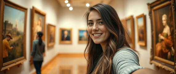 Young woman taking selfie in art museum gallery with famous paintings