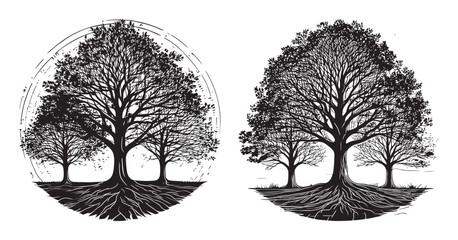 Black and White Artistic Tree Silhouettes for Nature Design, logo design, engraving design, vector illustration
