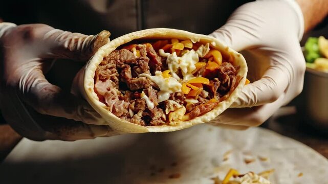 Cooking delicious meat and cheese shawarma wrapped in fresh pita during a busy evening, Cooking meat and cheese shawarma Hands in latex gloves roll up a pita roll Close-up