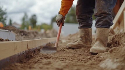 Construction worker leveling ground for a foundation. Featuring strength and focus