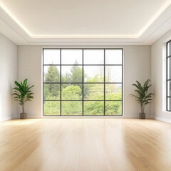 Obraz premium Bright and Spacious Living Room with Large Windows and Green View