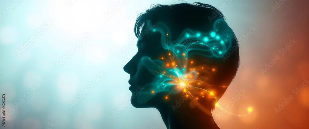 Poster woman silhouette showing data processing and connections inside brain