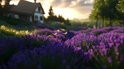 Fototapeta premium Bees in Lavender Field at Sunset near Cottage