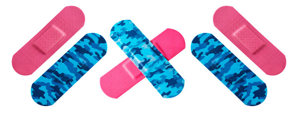 Pink and Blue Camouflage Bandages Isolated on Transparent Background

