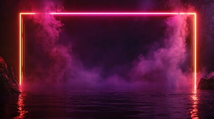 Fototapeta premium Neon frame, smoky water, dark cave, product display