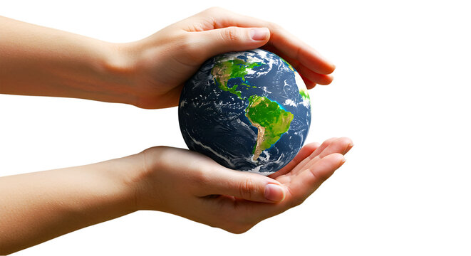 A pair of hands holding a globe with continents visible against a black background showing earth