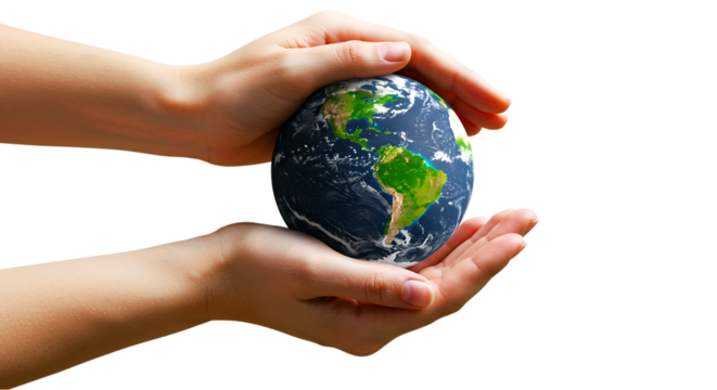 A pair of hands holding a globe with continents visible against a black background showing earth