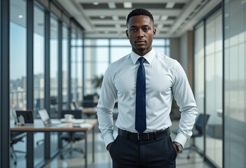 Fototapeta premium Confident Black Businessman in Modern Office
