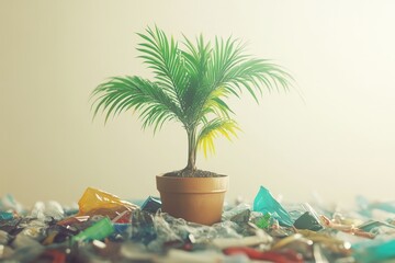 Obraz premium Palm tree amidst a heap of recycled plastic waste.