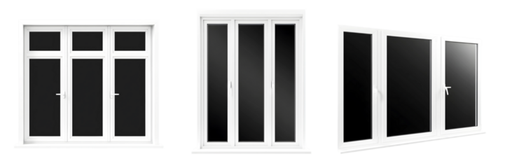 Modern Black Glass Windows with White Frames Isolated on Transparent Background

