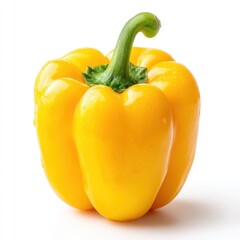 Vibrant yellow bell pepper with a green stem isolated on white background