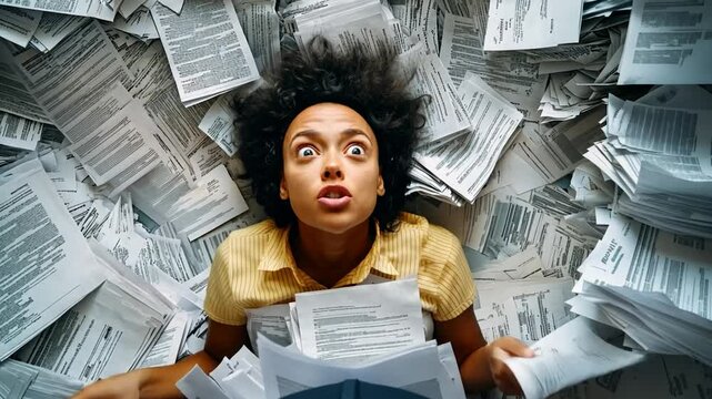 Overwhelmed woman amidst papers expressing stress