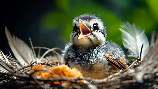 Adorable Baby Bird Sitting in Nest with Open Beak and Fluffy Feathers Surrounded by Twigs and Natural Green Background

