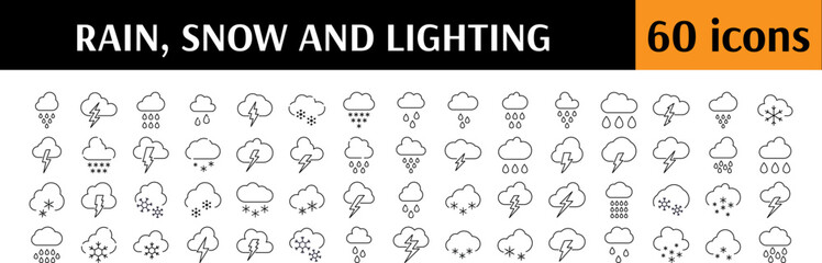 Weather Line Icon Set. Lightning, Rain, Snow Outline Signs for Graphic and Web Design, Apps, Adverts, Various Cards