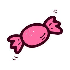 Doodle candy isolated on white background. Hand-drawn cute dessert. Pink festive sweet, chocolate, lollipop. Trick or treat sign. Wrapped caramel. A bonbon wrapper. Vector kawaii food illustration