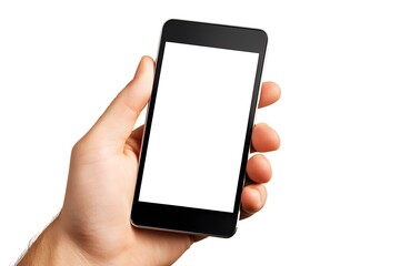 Hand holding a mobile device with a blank white screen display isolated on white background