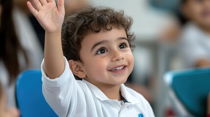 Arab child raising hand to ask a question in a classroom, teacher ready to engage with the student. 