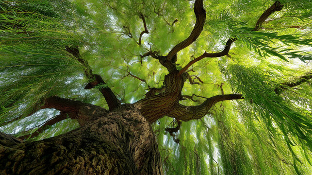 Majestic willow tree viewed from below, showcasing its lush green foliage and intricate branches