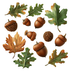 illustrations of various trees, leaves, grasses, and botanical elements on white background.