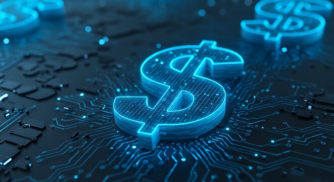 Glowing dollar signs on a dark circuit board representing digital finance and technology concept art