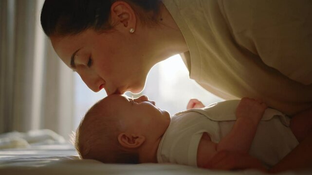 Cinematic shot of young mother is playing with his newborn baby in a bedroom at sunset. Concept of children, baby, parenthood, childhood, life, love, motherhood, family.