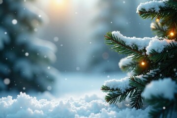 Winter snowflakes falling gently on a festive greenery backdrop , holly, holiday, winter