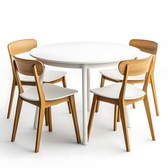 Round white table and wooden chairs isolated