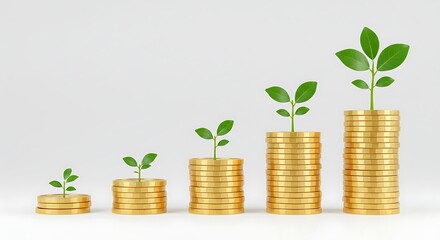Stacks of gold coins with green plants growing out of them representing growth and investment success