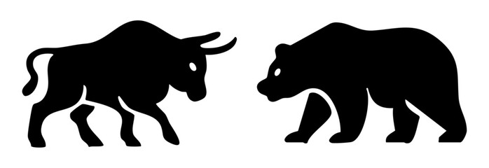 Vector illustration of a bull and bear silhouette facing each other, symbolizing stock market trends. Perfect for financial, investment, and trading-related content and designs.