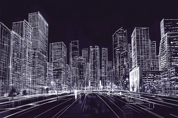 Reverse sketch of night city skyline with white line drawing on dark background