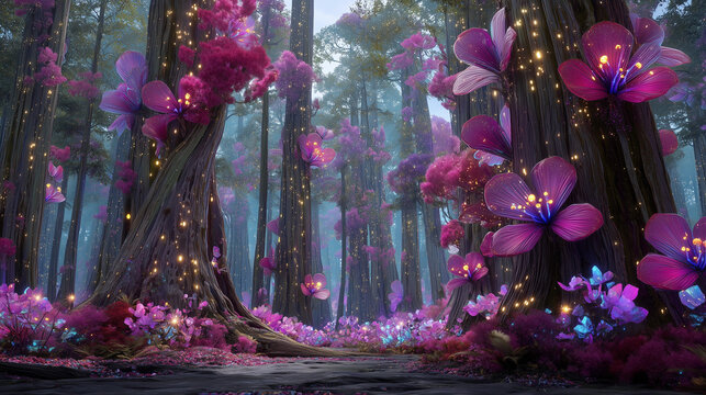 Vibrant fantasy forest with large pink flowers, enchanting atmosphere, and magical lights in the trees