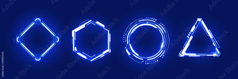 Poster Abstract set of neon light blue portals or HUD futuristic tech frames on a dark background. Geometric forms of glowing AI portals. Game design or interface elements. Digital vector illustration.