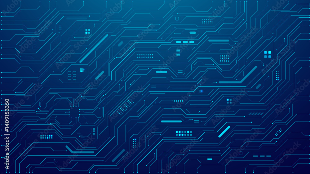 Poster Abstract AI circuit board background. Tech connected blue lines with electronics elements. Blue technology backdrop. Computer motherboard with a chip, processor, and semiconductor. Vector illustration