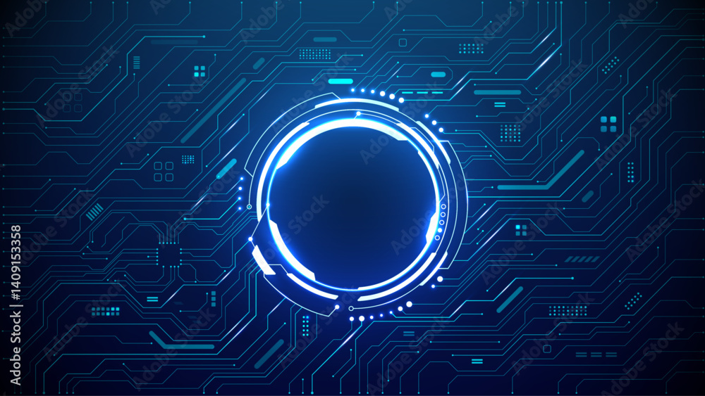 Poster Abstract AI circle neon portal on circuit board tech background. A light blue glowing round frame on technology bg. Artificial Intelligence chip or processor. Digital vector illustration.