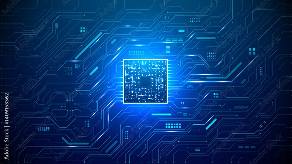 Poster Abstract glowing AI processor on digital circuit board background in futuristic style. Light neon blue AI chip with bright light pixels. Data elements. Tech bg. Technology banner. Vector illustration.