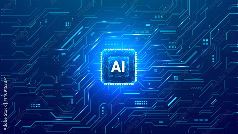 Poster Technology background. Abstract tech blue backdrop. AI chip or semiconductor in the center of a circuit board. Digital bg. Data and information. Computers concept. Vector illustration. 