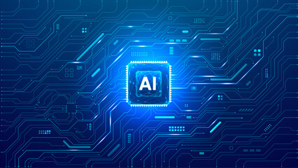 Technology background. Abstract tech blue backdrop. AI chip or semiconductor in the center of a circuit board. Digital bg. Data and information. Computers concept. Vector illustration. 