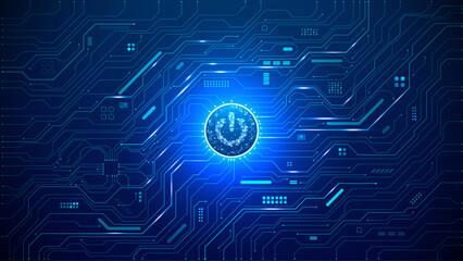 Abstract ON power button in the center of futuristic circuit board with light glowing wires on technology background. Blue digital tech bg. AI innovation concept. Vector illustration. © AntonKhrupinArt