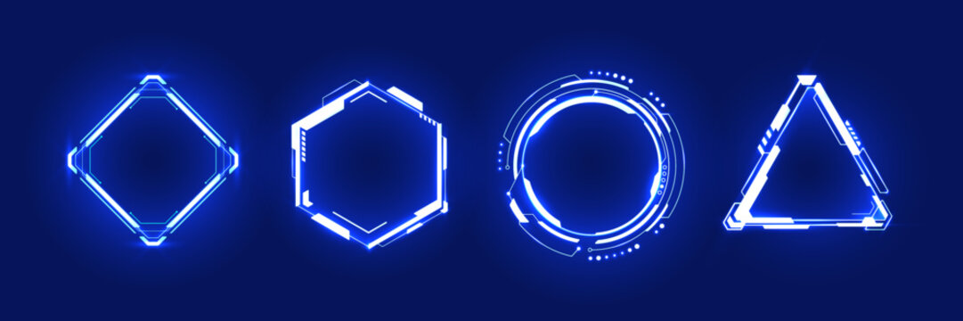 Abstract set of neon light blue portals or HUD futuristic tech frames on a dark background. Geometric forms of glowing AI portals. Game design or interface elements. Digital vector illustration.