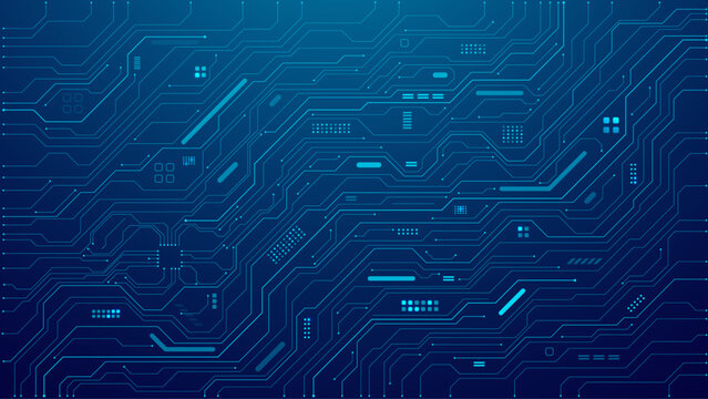 Abstract AI circuit board background. Tech connected blue lines with electronics elements. Blue technology backdrop. Computer motherboard with a chip, processor, and semiconductor. Vector illustration