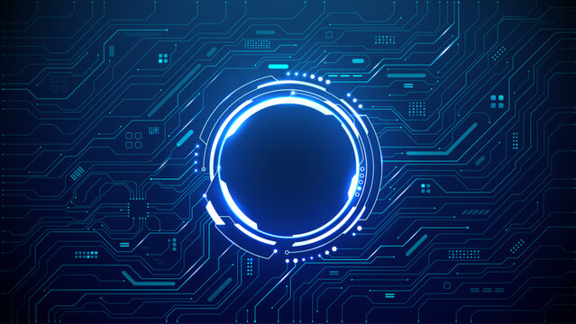 Abstract AI circle neon portal on circuit board tech background. A light blue glowing round frame on technology bg. Artificial Intelligence chip or processor. Digital vector illustration.